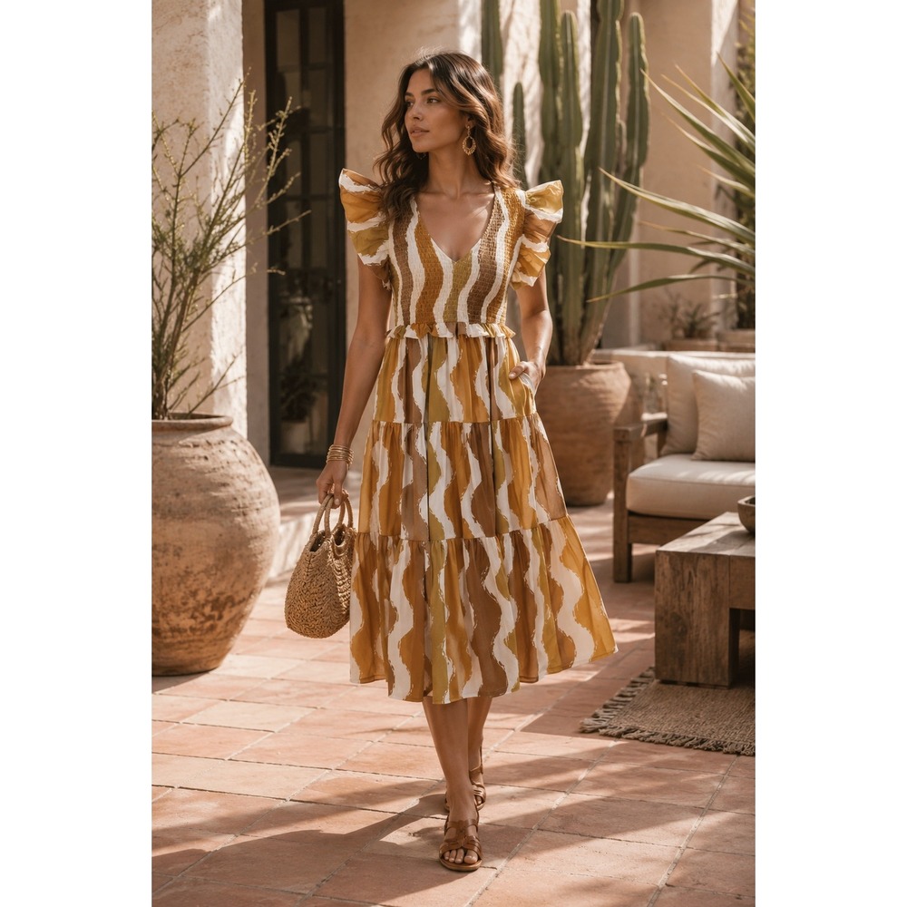 En Saison Cotton Smocked Tiered Midi Dress S Brown Abstract Print Pockets